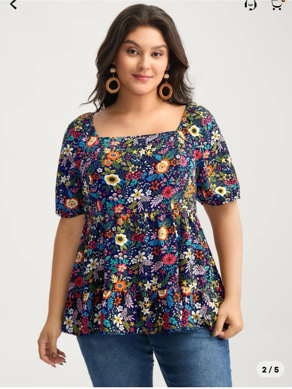 Floral Square-Neck Peplum Top - Navy Multicolor BloomChic size 30W lightweight